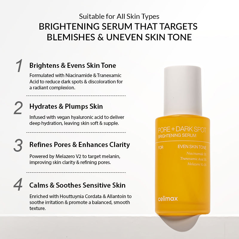 Celimax brightening serum bottle with product features on a white background