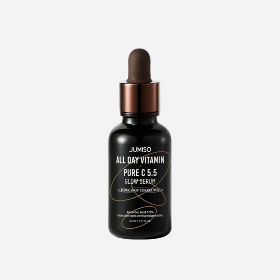 Black serum bottle with dropper labeled 'Jumiso All Day Vitamin Pure C 5.5 Glow Serum' on a white background