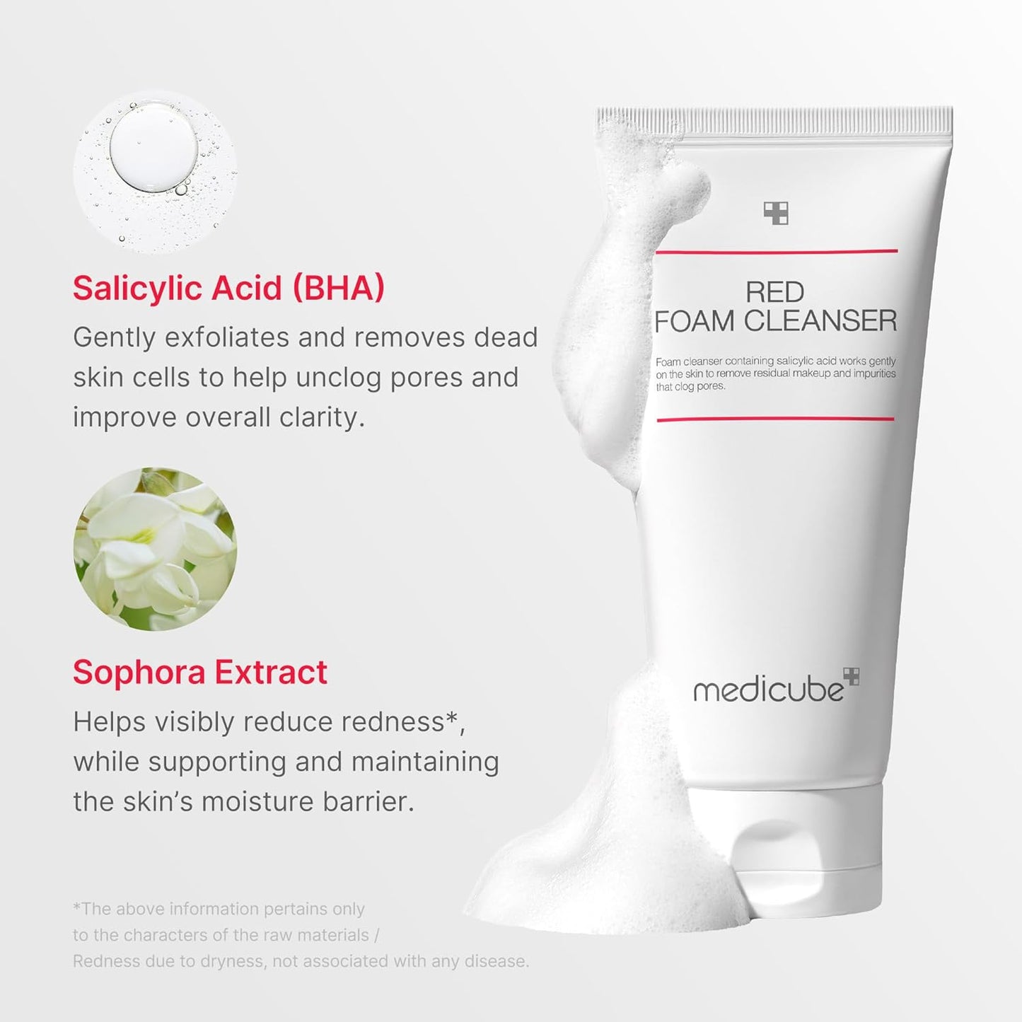 Tube of Red Foam Cleanser with ingredients and benefits on a white background