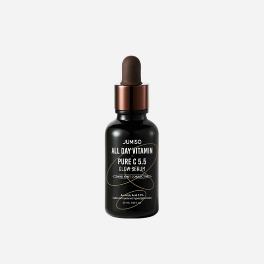 Black serum bottle with dropper labeled 'Jumiso All Day Vitamin Pure C 5.5 Glow Serum' on a white background