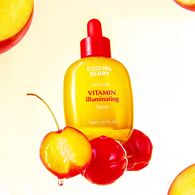 Yellow serum bottle with red dropper labeled 'Equal Berry' surrounded by cherries and a peach on a yellow background.