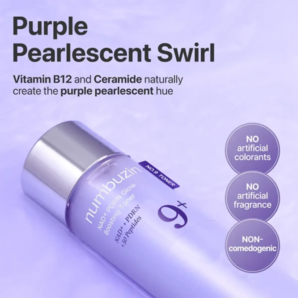 Purple skincare bottle with text about ingredients and properties on a light purple background