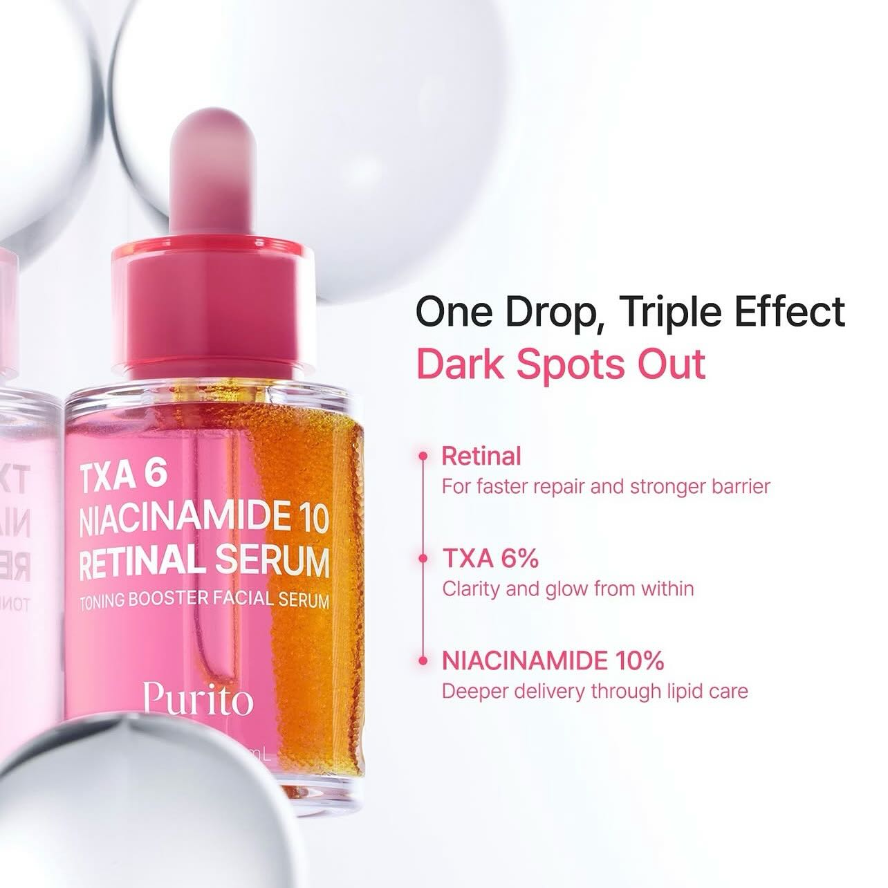 Purito TXA 6 Niacinamide 10 Retinal Serum bottle with dropper on a white background